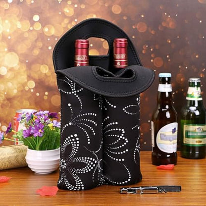 Hipiwe Wine Carrier Tote Bag Two Bottle Insulated Neoprene Wine/Water Bottle Holder for Travel with Secure Carry Handle (Black) - style: Black