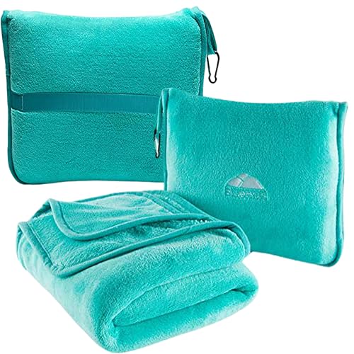 BlueHills Premium Soft Travel Blanket Pillow Airplane Blanket Packed in Soft Bag Pillowcase with Hand Luggage Belt and Backpack Clip, Compact Pack Large Warm for Any Travel (Teal Green T006) - color: Teal-1pk-t006