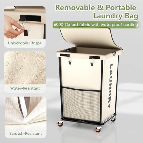 150L Laundry Basket with Wheels, Rolling Laundry Hamper with Cloth Cover, Laundry Cart with Metal Frame & Removable Bag, Large Dirty Clothes Hampers for Bedroom Aesthetic Laundry Room Bathroom, White - color: White, size: 150L