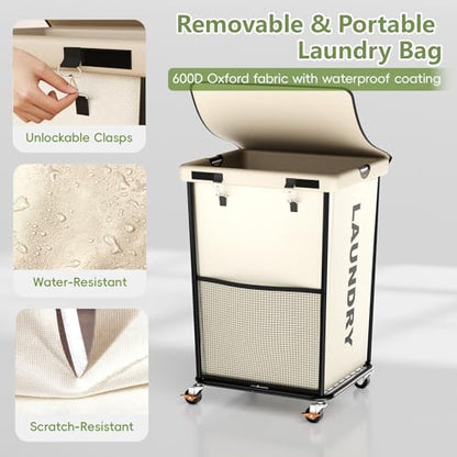 150L Laundry Basket with Wheels, Rolling Laundry Hamper with Cloth Cover, Laundry Cart with Metal Frame & Removable Bag, Large Dirty Clothes Hampers for Bedroom Aesthetic Laundry Room Bathroom, White - color: White, size: 150L
