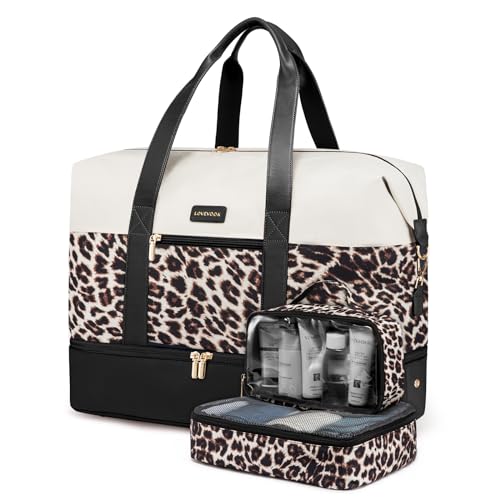 LOVEVOOK Weekender Bag for Women, Large Duffle Bag for Travel with 2 Packing Cubes, Carry on Overnight Bag with Shoe Compartment, Mom Hospital Bags for Labor and Delivery - color: Beige-Leopard Print-Black, size: 56L-3Pcs