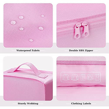 Mossio 6 Set Packing Cubes with Shoe Bag - Lightweight Travel Luggage Suitcase Organizers - color: Pink