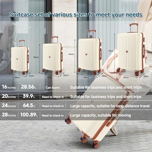 Hoteel Luggage Set 6 Piece, 4-Year Warranty, PC+ABS Suitcases with Wheels Hard Shell Suitcase with TSA Lock, Including Waterproof Luggage Bag, Travel Maletas for Men and Women, Beige(16/20/24/28Inch) - color: Beige, size: 6 Piece Set (16/20/24/28/Expandab