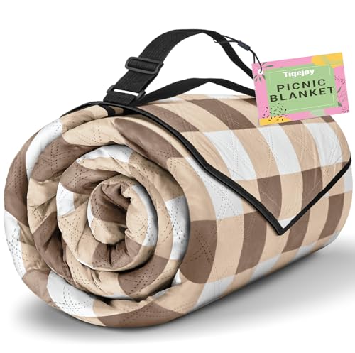 TigeJoy Extra Large Picnic Blanket Waterproof Foldable 80''x100'', Outdoor Picnic Mat Beach Blanket Sandproof for Park, Grass, Travel, Hiking, Camping Essentials, Gingham Picnic Blanket - color: Khaki, size: 6'8" x 8'4" (Rectangular)