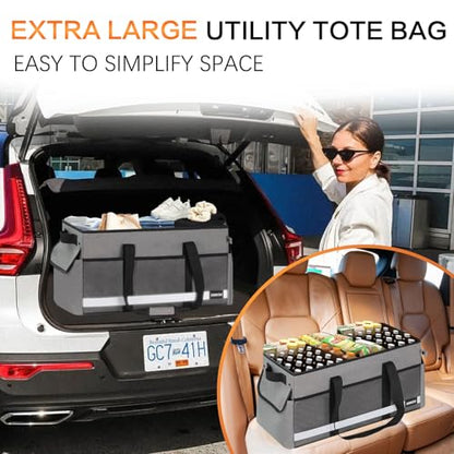 Upgrade Extra Large Utility Tote Bag with Reflective Strip, Standing Reusable Grocery Bags with Hard Bottom & 4 Sided Reinforced, Collapsible Utility Tote with Handles for Beach, Picnics, Car - color: Grey
