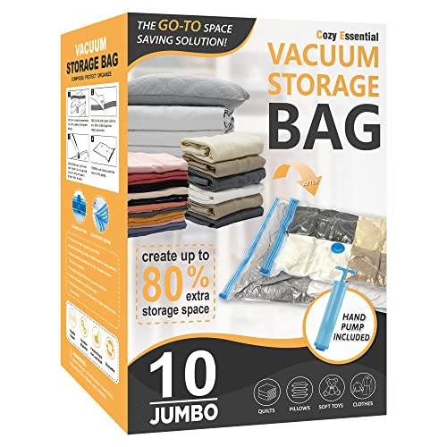 Cozy Essential Vacuum Storage Bags, 80% Compression Vacuum Seal Space Saver Plastic Packaging Bags for Clothes, Blankets, Pillow, Bedding, Comforters, Sealer Clothing Storage,10 Jumbo