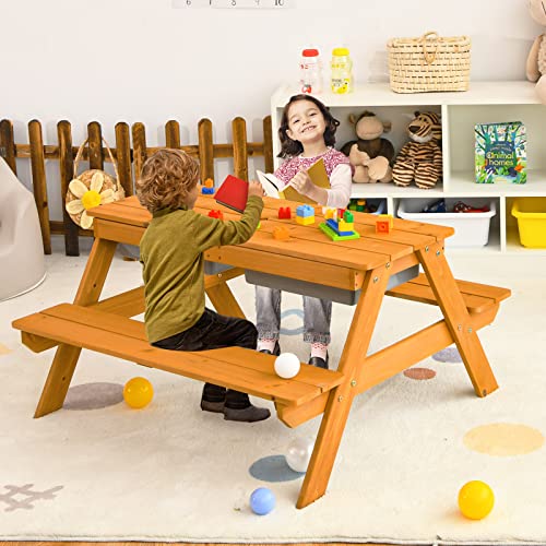 HONEY JOY Kids Picnic Table, 4 in 1 Cedar Wooden Sand & Water Table w/ 2 Removable Box & Umbrella, Kids Picnic Tables for Outdoors Backyard Garden, Toddler Patio Furniture Set for Boys Girls(Natural) - color: Natural