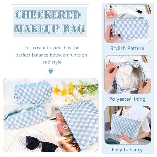 ZLFSRQ 3Pcs Checkered Makeup Bag for Women Large Small Checkered Cosmetic Bag Set Aesthetic Preppy Pencil Case Cute Pencil Pouch Blue Makeup Pouch for Purse Travel Toiletry Bags Zipper Skincare Bags - color: B-Checkered 3Pcs Mix Blue