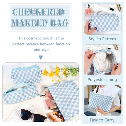 ZLFSRQ 3Pcs Checkered Makeup Bag for Women Large Small Checkered Cosmetic Bag Set Aesthetic Preppy Pencil Case Cute Pencil Pouch Blue Makeup Pouch for Purse Travel Toiletry Bags Zipper Skincare Bags - color: B-Checkered 3Pcs Mix Blue