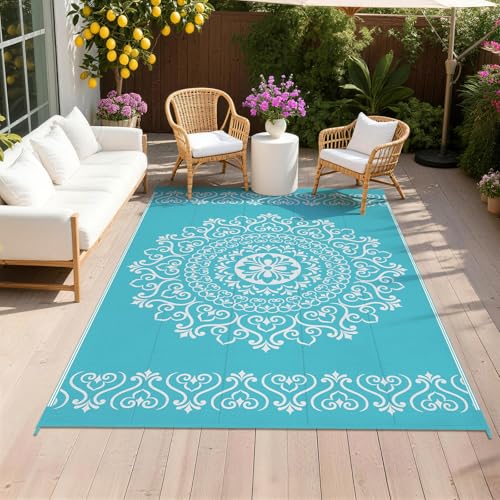 Pauwer Waterproof Outdoor Rug 5x8, Reversible Plastic Straw Patio Camping Rug, Indoor Outdoor RV Mat Carpet for Deck, Camper, Porch, Balcony, Backyard, Picnic, Floral Teal - color: Floral Teal, size: 5' x 8' (Rectangular)