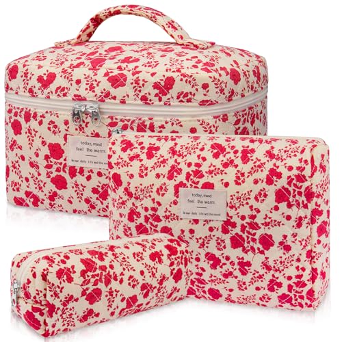 Gosect 3pc Makeup Bag Set, Quilted Makeup Bag Set, Large Floral Cosmetic Bag for Women, Cute Cotton Makeup Bags, Flower Travel Toiletry Organizer Bag (Bright Pink) - color: Bright Pink