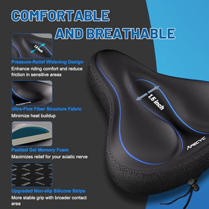 APECYC Bike Seat Cushion Gel Padded Saddle Cover for Men Women - Extra Padding Soft Comfort Bicycle Seat Cushion for Peloton, Stationary, Spin, Mountain, Road, Ebike - size: Wide