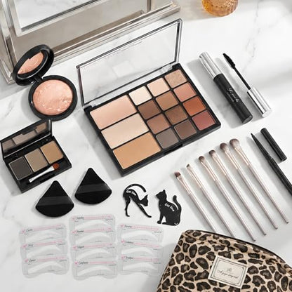 All-In-One Makeup Kit for Women, Full Face Makeup Set with 15-Shade Eyeshadow Palette(Highlighter, Contour), Baked Powder Foundation, Makeup Brushes, Leopard Print Cosmetic Bag&etc., Beginner Friendly - color: Leopard Set