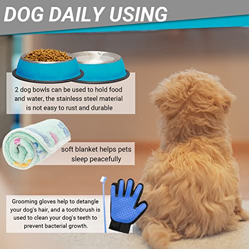 FLYSTAR Puppy Starter Kit for Small Dogs, 26 pcs Include Dog Toys, Collar and Leash, Training Clicker, Treat Bag, Poop Waste Bag with Dispenser, Blanket, Grooming Glove, Bowls, Toothbrush, etc - color: Blue, size: 26 pcs