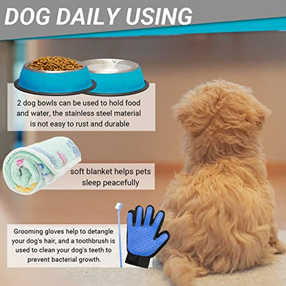 FLYSTAR Puppy Starter Kit for Small Dogs, 26 pcs Include Dog Toys, Collar and Leash, Training Clicker, Treat Bag, Poop Waste Bag with Dispenser, Blanket, Grooming Glove, Bowls, Toothbrush, etc - color: Blue, size: 26 pcs