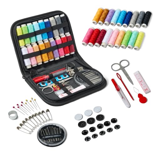 Amazon Basics Portable Travel Sewing Kit for Adults, Includes Threads, Needles, Scissors, Buttons, Thimbles, Measuring Tape, Threader, Seam Ripper and Safety Pins, Black
