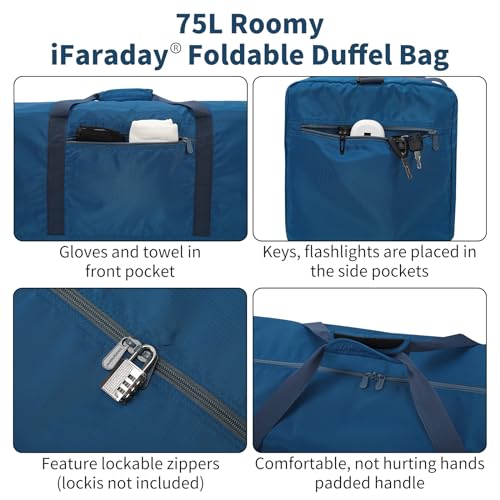 iFARADAY Foldable Duffle Bag 30 inch 75L Large Lightweight Luggage Bag for Travel Camping Storage-Blue - color: Blue-75L(with shoulder strap)