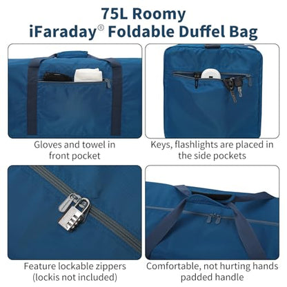 iFARADAY Foldable Duffle Bag 30 inch 75L Large Lightweight Luggage Bag for Travel Camping Storage-Blue - color: Blue-75L(with shoulder strap)