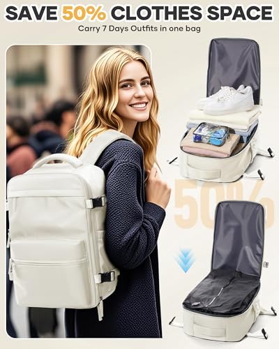 Vacuum Seal Backpack for Clothing Travel with Air Pump Waterproof Laptop Carry On Backpack Personal item Travel Essentials Compression Space Saver Bags Storage with Vacuum System Women Beige - color: Beige（with Electric Pump）