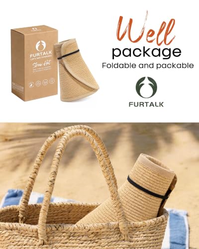 FURTALK Sun Hats for Women Wide Brim Beach Hat Straw Visor Ponytail Summer UV Packable Foldable Beach Vacation Essentials - color: Khaki