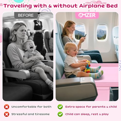 omzer Toddler Airplane Bed - Airplane Seat Extender for Kids - Barrier Designed Flyaway Kids Bed Airplane with Pockets - Portable Plane Bed Foot Rest for Flights Travel Essentials Pink - color: Pink