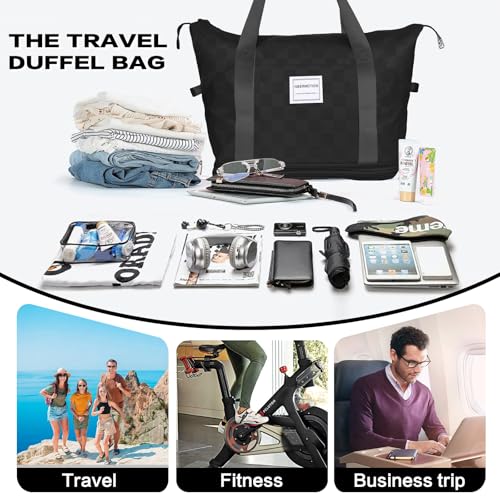 Expandable Rolling Duffle Bag - Large Carry-On With Spinner Wheels, Foldable Weekend Travel Bag, 28-58L Capacity（Backpack-Black Checkboard） - color: Backpack-Black Checkboard, style: Backpack