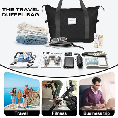 Expandable Rolling Duffle Bag - Large Carry-On With Spinner Wheels, Foldable Weekend Travel Bag, 28-58L Capacity（Backpack-Black Checkboard） - color: Backpack-Black Checkboard, style: Backpack