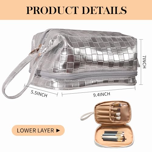 Abiudeng Large Capacity Makeup Bag Ladies Cosmetic Bag Travel Bag with Compartments Portable PU Leather Travel Makeup Bag with Handle - color: Checkerboard-Silver