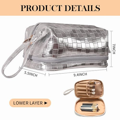 Abiudeng Large Capacity Makeup Bag Ladies Cosmetic Bag Travel Bag with Compartments Portable PU Leather Travel Makeup Bag with Handle - color: Checkerboard-Silver