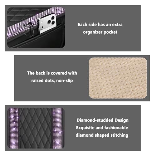 Stacool Upgraded Car Center Console Cover with Rhinestones,Microfiber Leather Car Armrest Cover Cushion with 2 Storage Bags,Universal Cars Armrest Storage Box as Cars Interior Accessories - color: Upgraded Diamond - Bling Purple