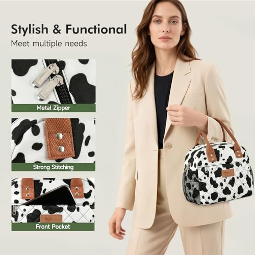 HOMESPON Insulated Lunch Bag for Women Men Adults Lunch Tote with Front Pocket Lunch Box Container Cooler Bag for Work Picnic (Cow Print) - color: Cow Print