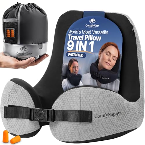 ComfyNap® Versatile Travel Neck Pillow for Airplane [Patented], 9 Positions in 3 Techniques, Plane Pillow with Pure Memory Foam, Travel Pillow with HeadRest Flight Sleep, Travel Essential - Moon - color: Moon