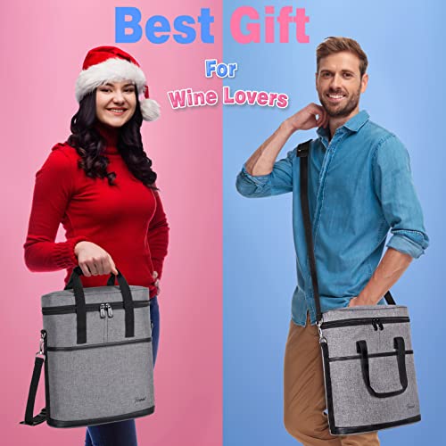 Tirrinia Insulated Wine Gift carrier - 3 Bottle Travel Wine Carry Cooler Tote Bag with Handle and Adjustable Shoulder Strap, Grey - color: Grey