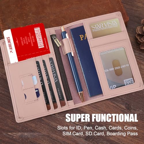 STAR VISTA Phoenix Leather Passport Holder, Calfskin Travel Wallet - RFID Blocking, ID Window, Zipper Pocket, Pen & Notebook Included, Pale Pink - color: Pale Pink Calfskin
