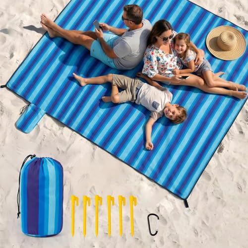 Beach Blanket Waterproof Sandproof - Oversized Extra Large Beach Mat for 3-4 People, Lightweight Sand Free Mat for Summer Vacation with 6 Stakes & 4 Corner Pockets for Beach, Camping 7x7ft Blue Stripe - color: Blue Stripe, size: 7x7 Ft (2～4 person)