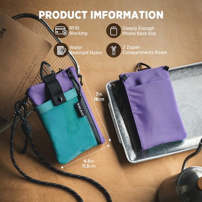 VULKIT RFID Blocking Travel Wallet for Women, Water Resistant Passport & Phone Holder with Detachable Lanyard and Key Ring, Lightweight Zipper Travel Wallet - color: AquaGreen Purple