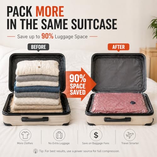 IDEATECH 12 Pack Travel Vacuum Storage Bags with USB Pump, Carry-On Compression Packing Bags, Reusable Space Saver Vacuum Seal Bags for Clothing, Luggage, Essential Travel Pack-4S+4M+4L