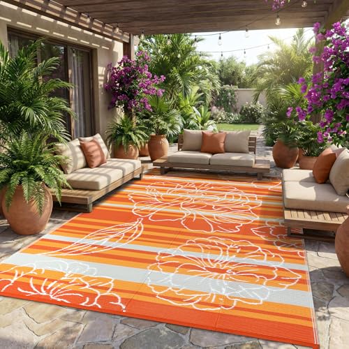 Garvee 10x14 Outdoor Waterproof Rug, Floral Outdoor Area Rug，Reversible Plastic Straw Patio Rug, Portable Camping Mat for RV, Picnic, Beach, Balcony, Garden & Camping Orange - color: Orange, size: 10' x 14' (Rectangular)