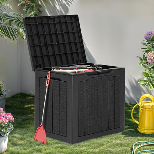 YITAHOME 30 Gallon Resin Deck Box, Weather Resistant Outdoor Rattan Storage Box, Lockable Indoor Outdoor Storage for Supplies and Essentials, Black - color: Black, size: 30 Gallon