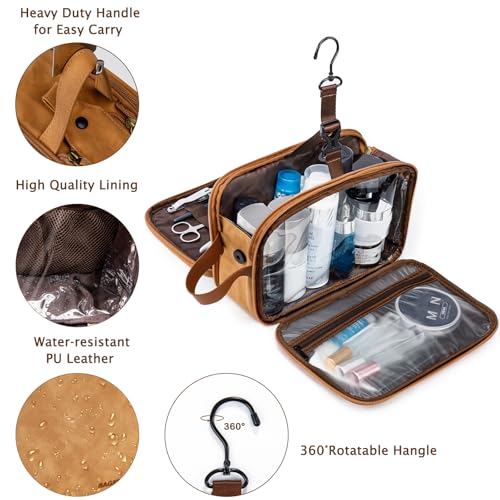 BAGSPRITE Large Toiletry Bag for Men, Women Travel Bag with Hanging Hook, Water-resistant Makeup Cosmetic Bag Shaving Kit Organizer, Bathroom Bag for Traveling - color: Brown