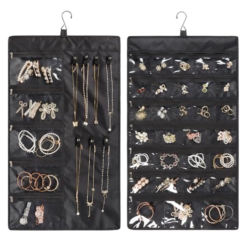 Zilink Hanging Jewelry Organizer for Closet with Zippers Double-Sided Jewelry Holder Organizer Dustproof Jewelry Organizer for Earrings, Necklaces, Rings, Bracelets, Black