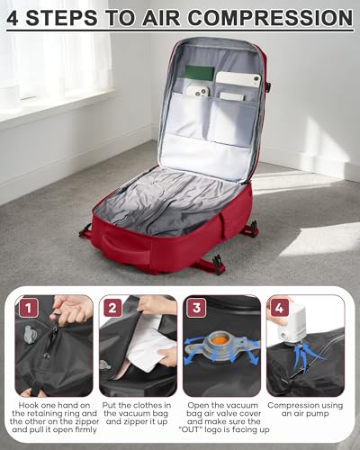 WONHOX Vacuum Seal Backpack for Travel with Air Pump Compression Daypack Personal Item Carry on Flight Approved Vacpack Laptop Space Saver Bags Storage with Vacuum System Travel Bag Women Men Red - color: A1-red