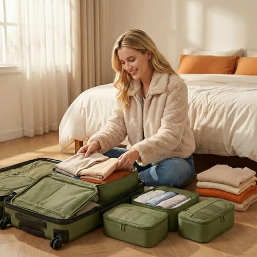 4 Piece Compression Packing Cubes for 3–7 Day Travel, Space Saving Travel Organizers with Breathable Mesh, Double-Zipper Packing Cubes for Carry-On & Suitcases (Green) - color: Green