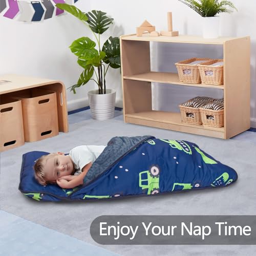 Primlect Thickened Toddler Nap Mat with Removable Pillow and Minky Blanket, Extra Large 55''x35'' Sleeping Bag, Washable, Roll up, Perfect for Daycare, Preschool, Kindergarten, Boys (Excavator) - color: Green Car