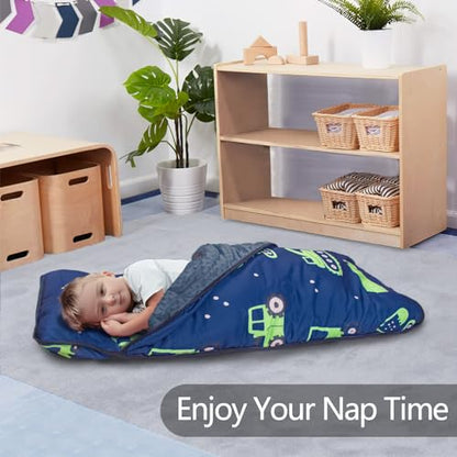 Primlect Thickened Toddler Nap Mat with Removable Pillow and Minky Blanket, Extra Large 55''x35'' Sleeping Bag, Washable, Roll up, Perfect for Daycare, Preschool, Kindergarten, Boys (Excavator) - color: Green Car