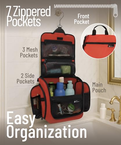 D&D Wanderlust D&D Hanging Travel Toiletry Bag for Men and Women – Cosmetics, Makeup and Toiletries Organizer Kit with 10 Compartments - color: Red