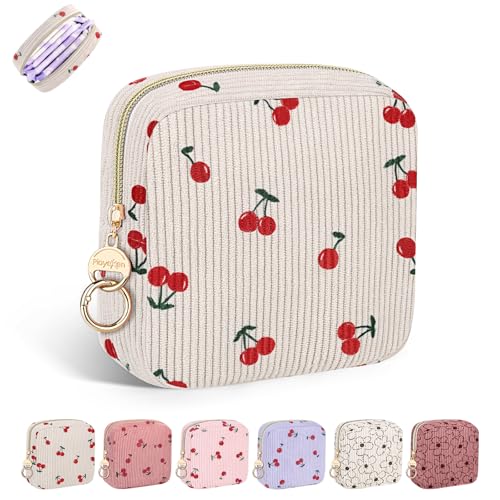 Cute Period Bag for Teen Girls, Corduroy Sanitary Napkin Storage Bag, Menstrual Pad Pouch Tampon Holder for Purse (Cherry-Beige) - color: Cherry-Beige