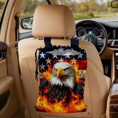 Bald Eagle with American Flag Car Garbage Bag, Small Car Trash Bag Hanging Back of Seat,Drawstring Car Trash Bag with Adjustable Buckle,Car Accessories for Camping Travelling - color: Bald Eagle with American Flag