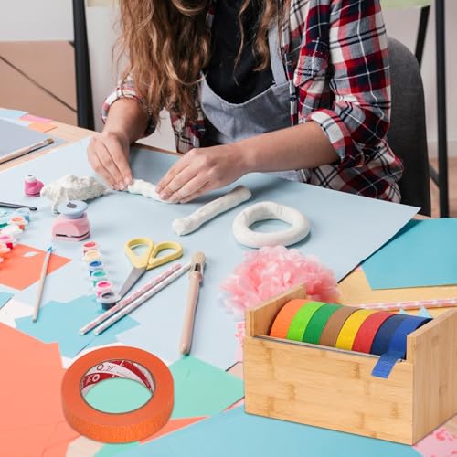 Wood Masking Tape Dispenser Fits 1" and 3" Core Large Tape Dispenser 3 Inch Core Painters Tape Dispenser Multi Roll Tape Holder Craft Tape Dispenser with 8 Pcs 3 Inch Core for Heat Tape (No Tape)