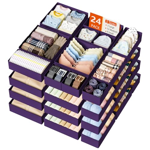 DIMJ Drawer Organizer Clothes, 24 Pack Dresser Organizer, Foldable Closet Organizers and Storage, Fabric Dresser Bins, Drawer Dividers for Nursery, Baby Clothes, Underwears, Sock - color: Purple, size: 24 Pack